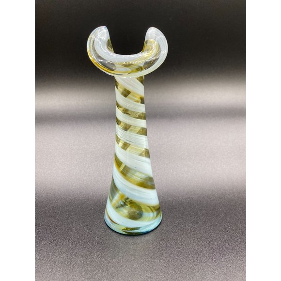 Blue Yellow and Clear Striped Art Glass Calla Lily Swirl Vase - 6.50 Tall - Picture 3 of 9